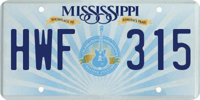 MS license plate HWF315