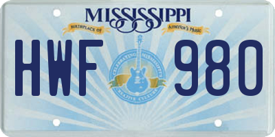 MS license plate HWF980