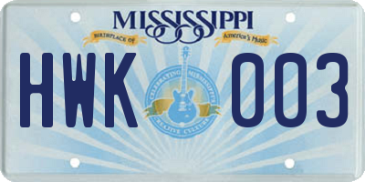 MS license plate HWK003
