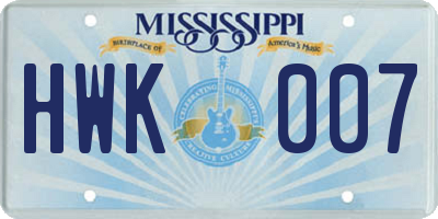 MS license plate HWK007