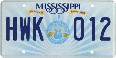 MS license plate HWK012