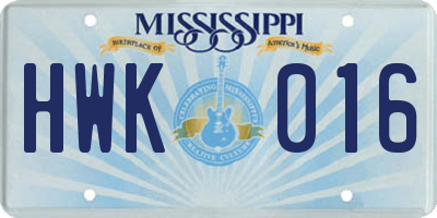MS license plate HWK016