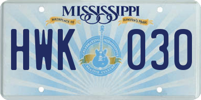 MS license plate HWK030