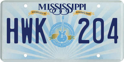 MS license plate HWK204