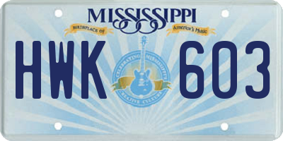 MS license plate HWK603