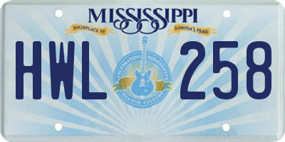 MS license plate HWL258