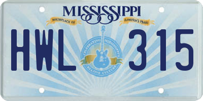 MS license plate HWL315