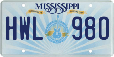 MS license plate HWL980