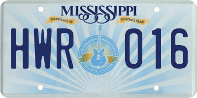 MS license plate HWR016