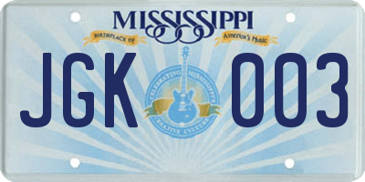 MS license plate JGK003