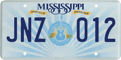 MS license plate JNZ012