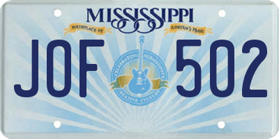 MS license plate JOF502