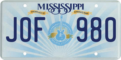 MS license plate JOF980
