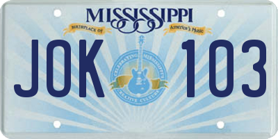 MS license plate JOK103