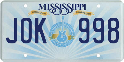 MS license plate JOK998