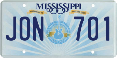 MS license plate JON701
