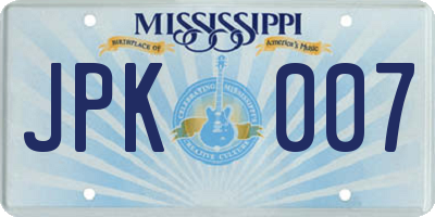 MS license plate JPK007