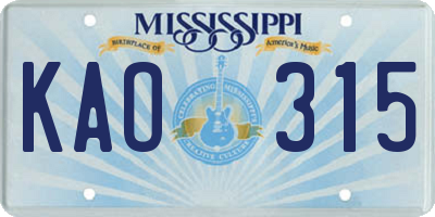 MS license plate KAO315