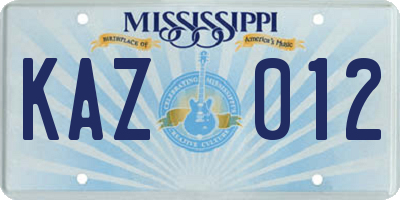 MS license plate KAZ012