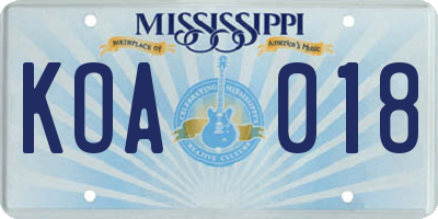MS license plate KOA018