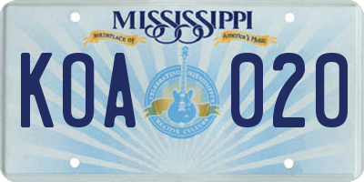 MS license plate KOA020