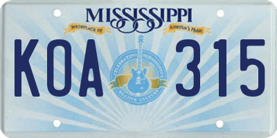 MS license plate KOA315