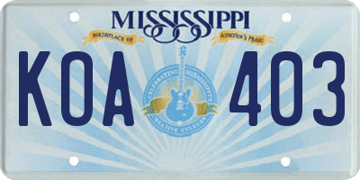 MS license plate KOA403