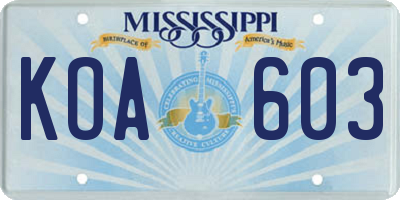 MS license plate KOA603