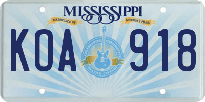 MS license plate KOA918
