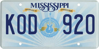 MS license plate KOD920
