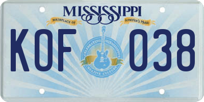 MS license plate KOF038