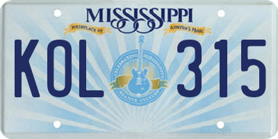MS license plate KOL315