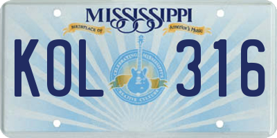 MS license plate KOL316