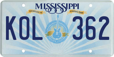MS license plate KOL362