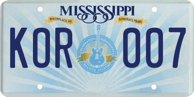 MS license plate KOR007