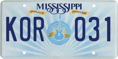 MS license plate KOR031