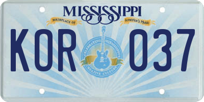 MS license plate KOR037