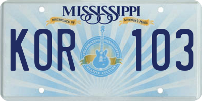 MS license plate KOR103