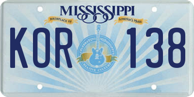 MS license plate KOR138