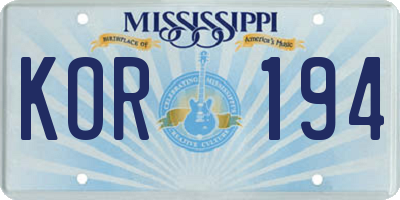 MS license plate KOR194