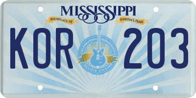 MS license plate KOR203
