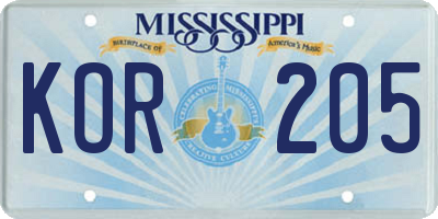 MS license plate KOR205
