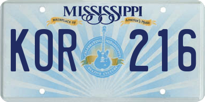 MS license plate KOR216