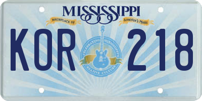 MS license plate KOR218