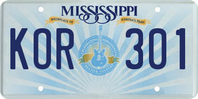 MS license plate KOR301