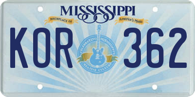 MS license plate KOR362
