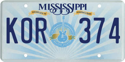 MS license plate KOR374