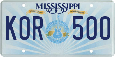 MS license plate KOR500