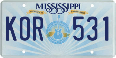 MS license plate KOR531