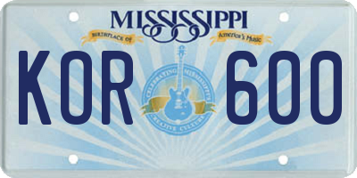 MS license plate KOR600
